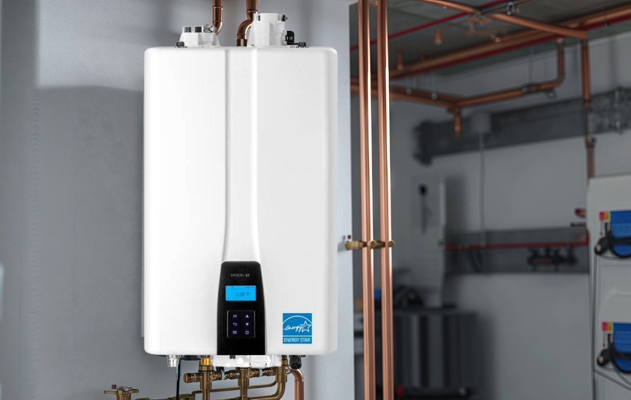 White tankless water heater with digital display on a gray wall.