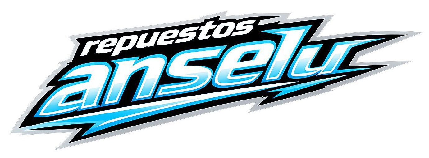 Logotipo de Repuestos Anselu en texto cursivo blanco, negro y azul con un subrayado de rayas met&aacute;licas.