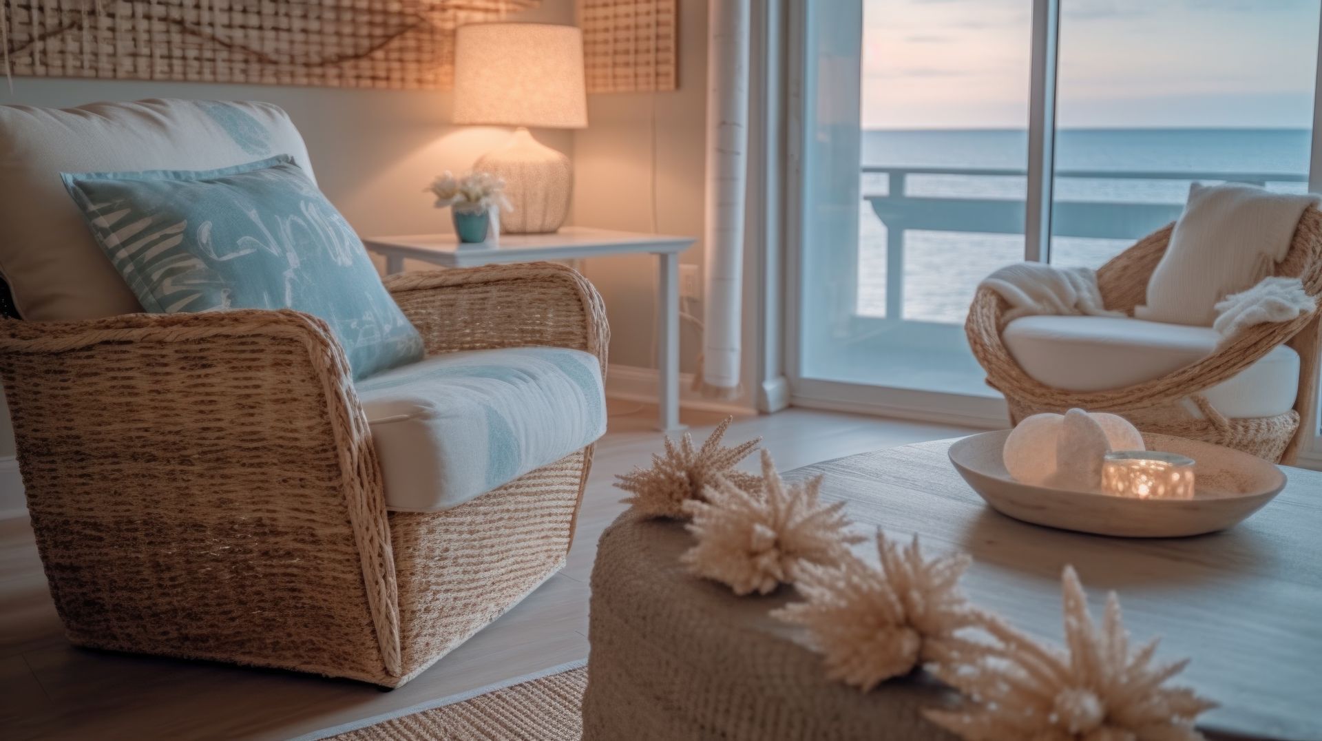 Cozy coastal living room with wicker chairs, ocean view, neutral tones, and soft lighting.
