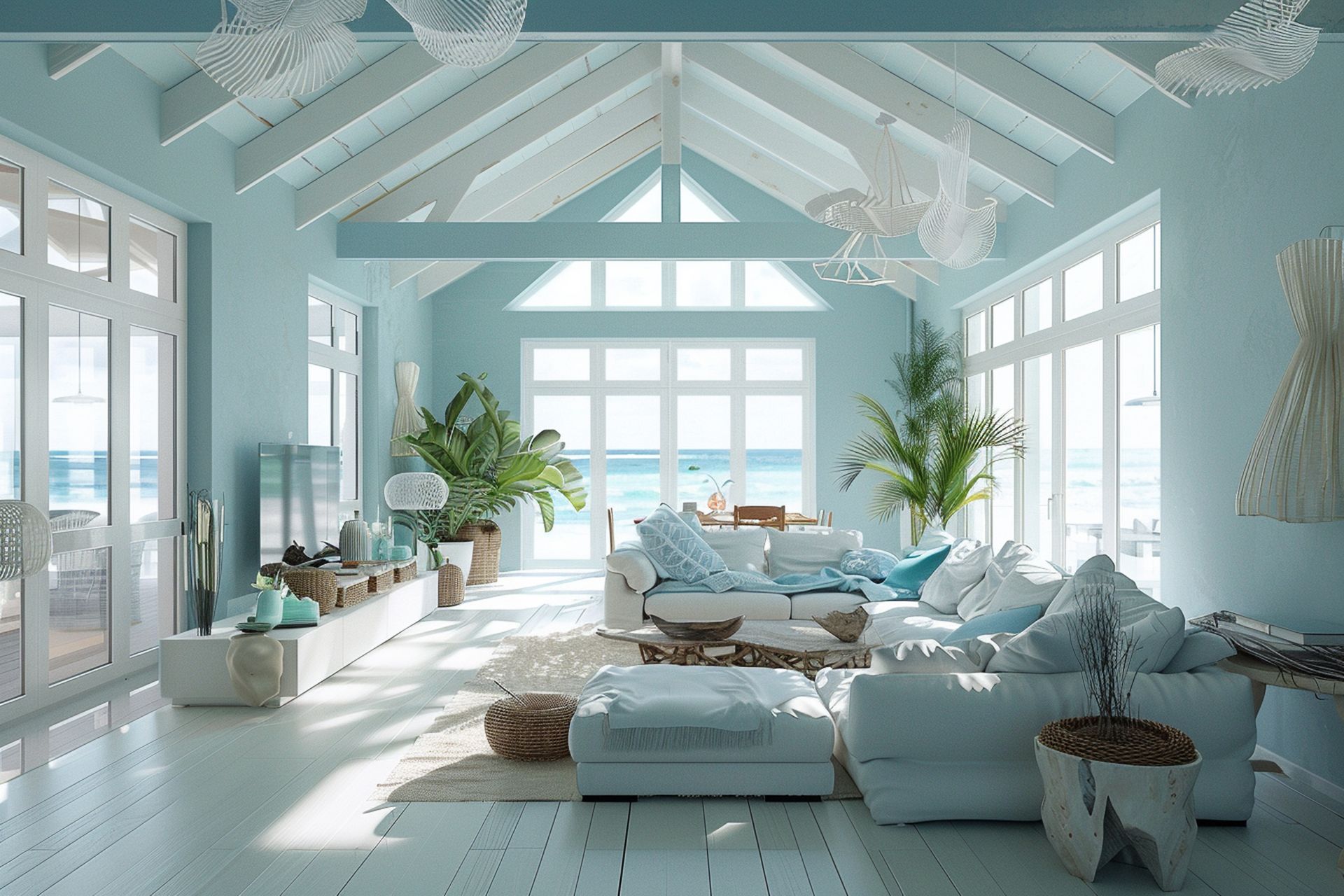 Bright, airy living room with light blue walls and white trim overlooking the ocean. Jayson Van Pelt