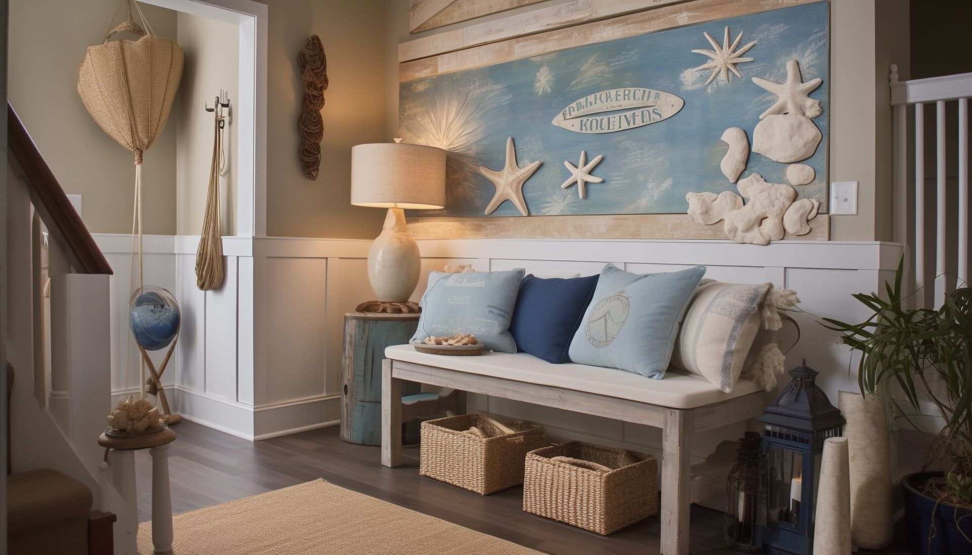 Coastal entryway with bench, pillows, wall art, and baskets in neutral tones. Jayson Van Pelt