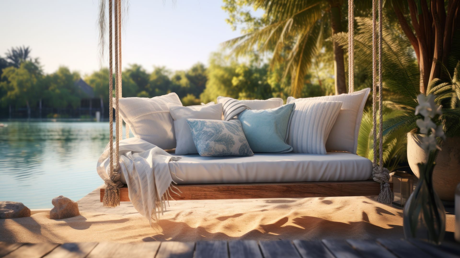 Swing seat with pillows and blanket, overlooking a lake and palm trees, sunny day.