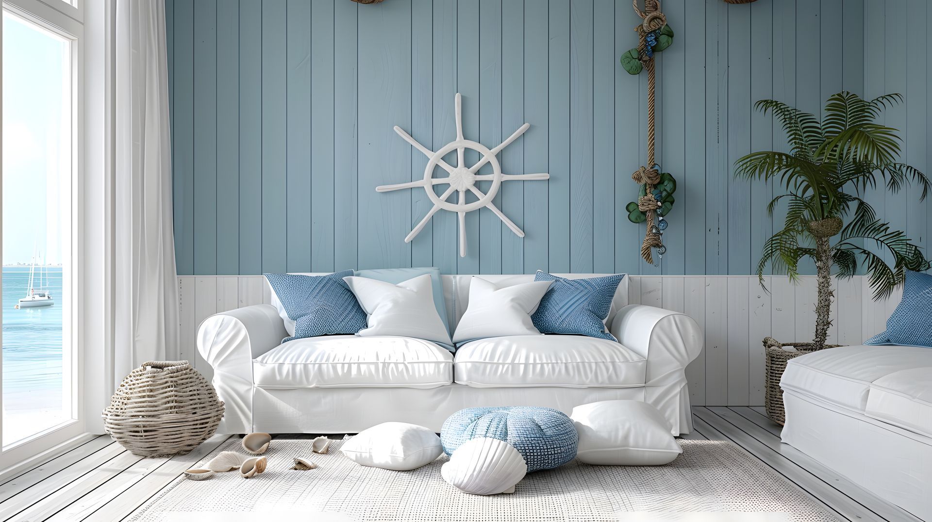 Coastal-themed living room with blue walls, white sofa, pillows, a ship wheel, and a view of the ocean.