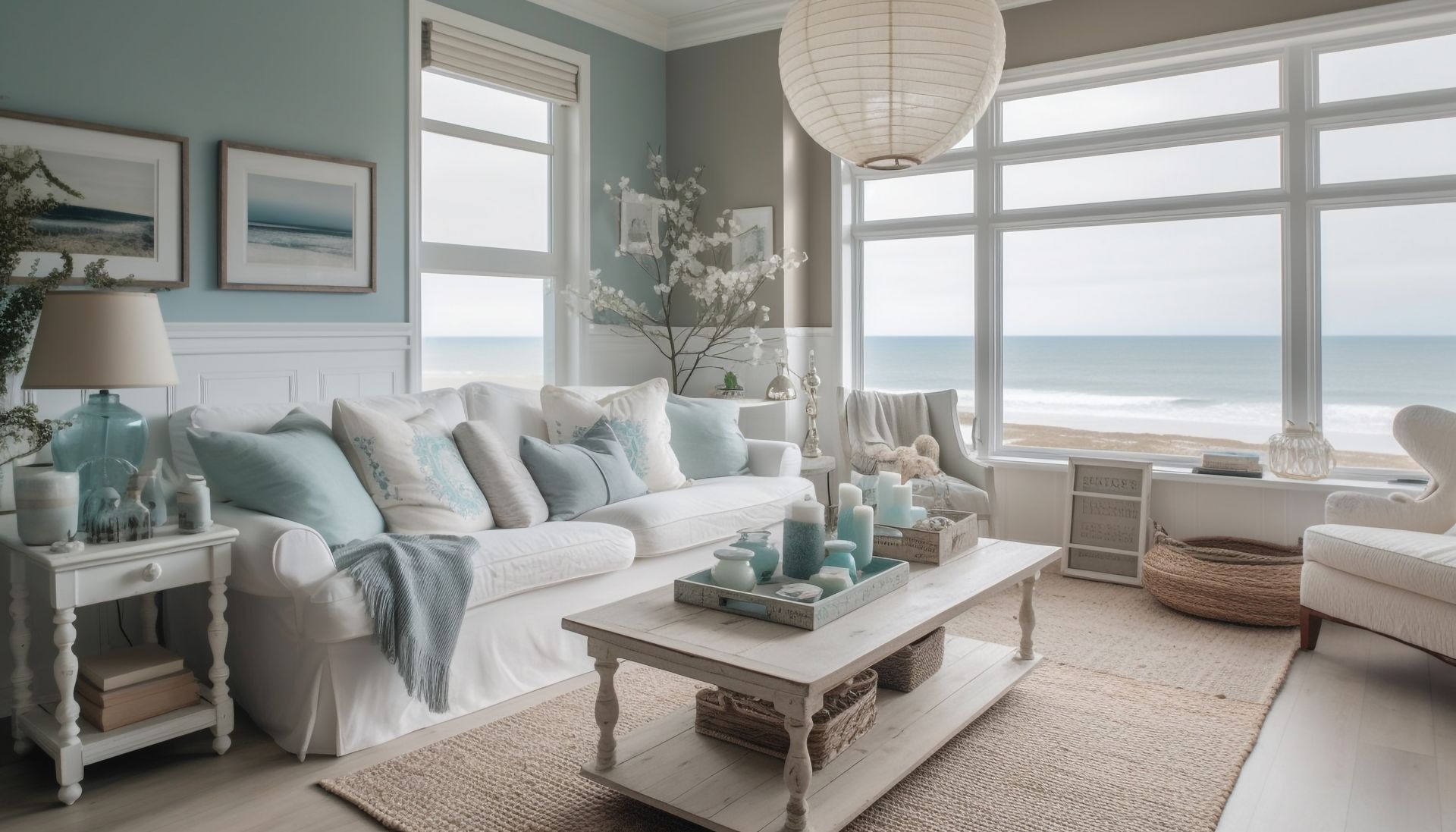Coastal living room with ocean view, white sofa, blue accents, and serene atmosphere. Jayson Van Pelt