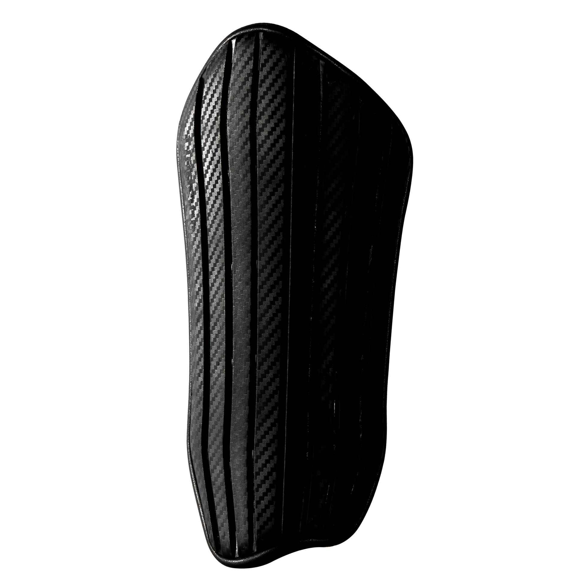 Legghlíf úr svörtum kolefnistrefjum fyrir fótbolta með lóðréttum loftopum.