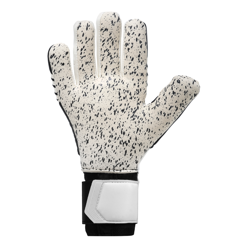 Hvítur og svartur markmannshanski frá Uhlsport, sem sýnir lófa og handarbak.