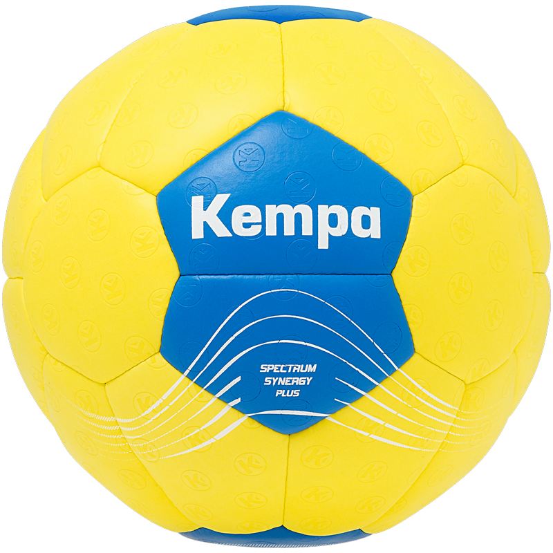 Gulur og blár Kempa handbolti með hvítum texta og bogadregnum línum.