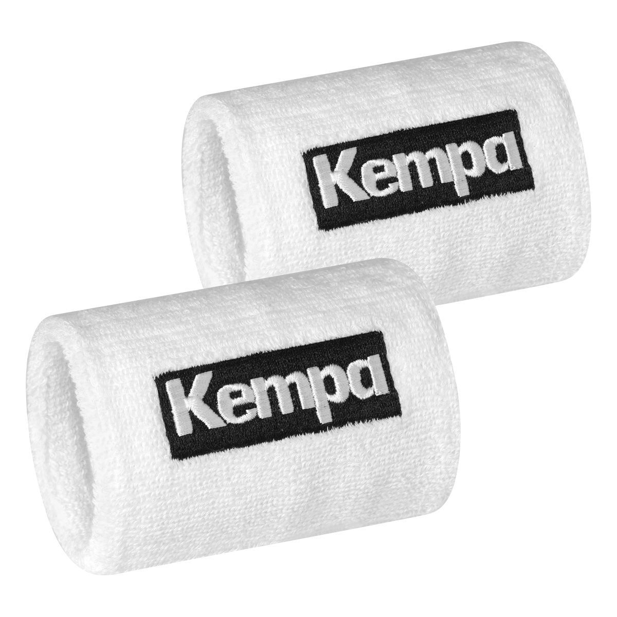 Tvö hvít Kempa úlnliðsbönd með svörtum merkjum.