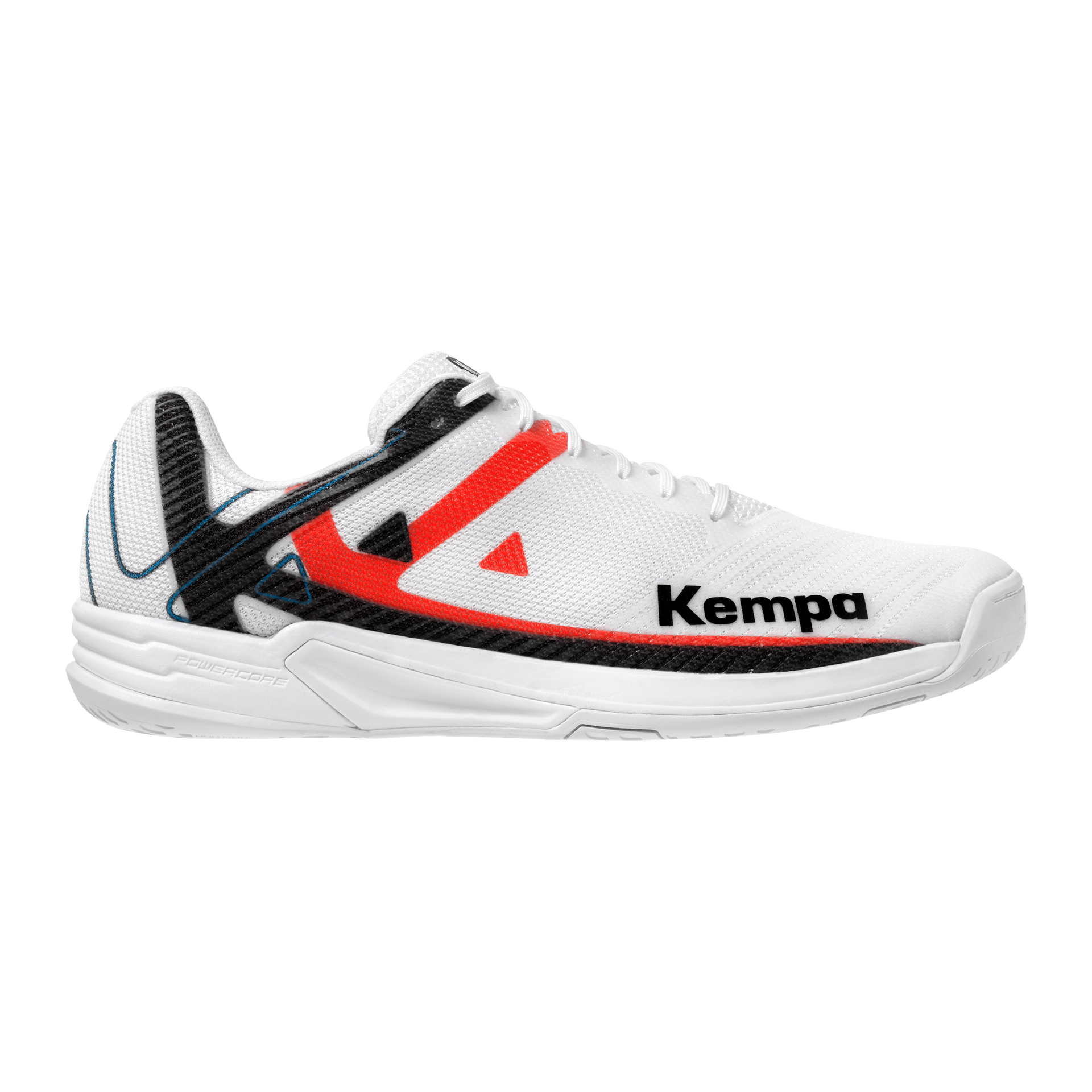 Hvítir og rauðir Kempa handboltaskór með svörtum smáatriðum.