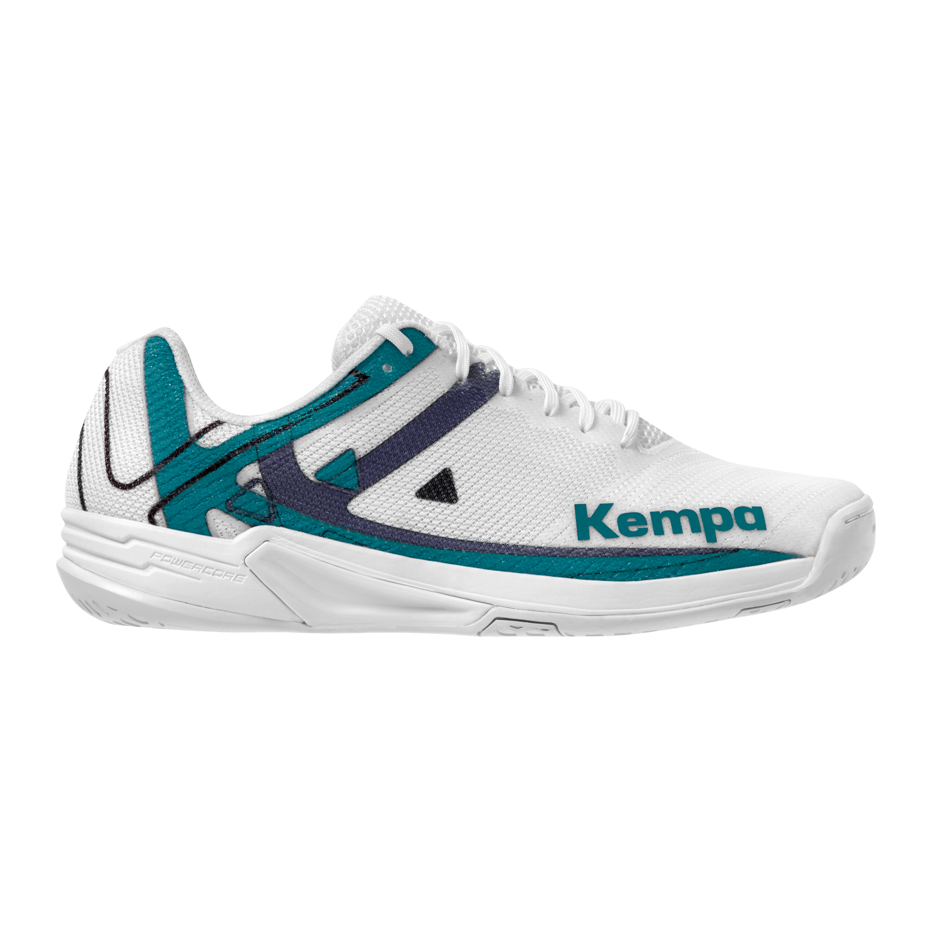 Hvítir og blágrænir Kempa handboltaskór með fjólubláum smáatriðum.