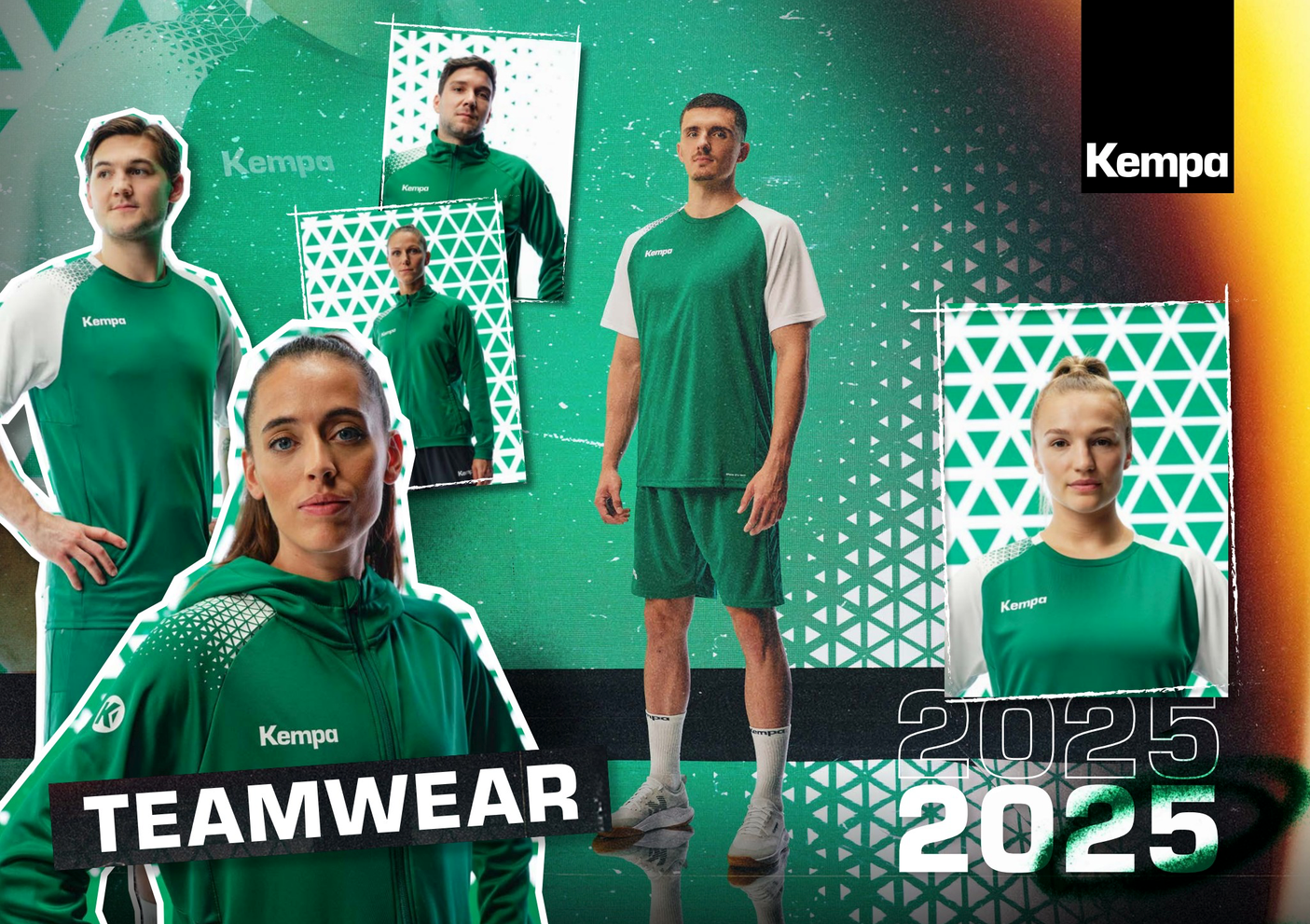 Auglýsing fyrir liðsföt með fólki í grænum og hvítum íþróttafötum. Merkið „Kempa“ og textinn „2025“.