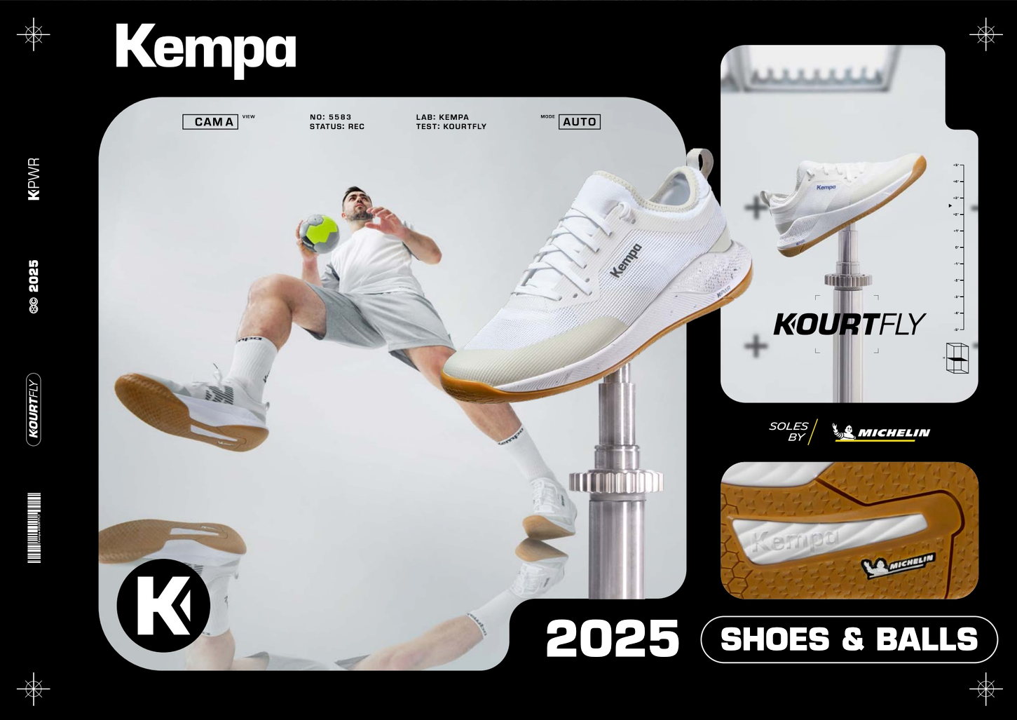 Auglýsing fyrir Kempa Kourtfly skó: Handboltamaður, hvítur skór með brúnum sóla, svífur fyrir framan svartan bakgrunn.