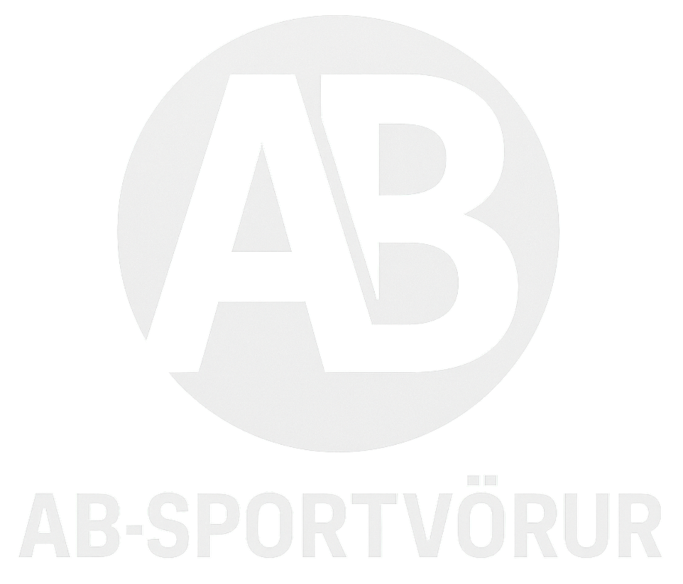 Hvítir „AB“ stafir innan ljósgrás hrings, með textanum „AB-SPORTVÖRUR“ fyrir neðan.