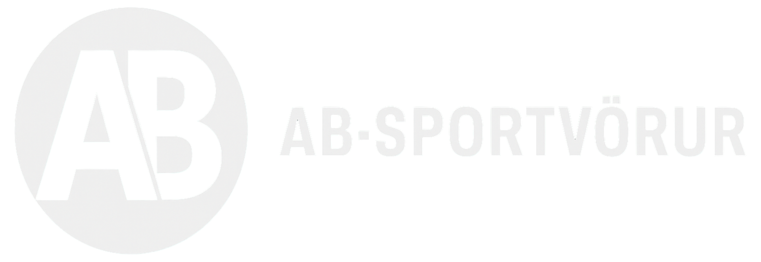 Merki: „AB“ stafir í hvítum hring, „AB-SPORTVÖRUR“ texti.