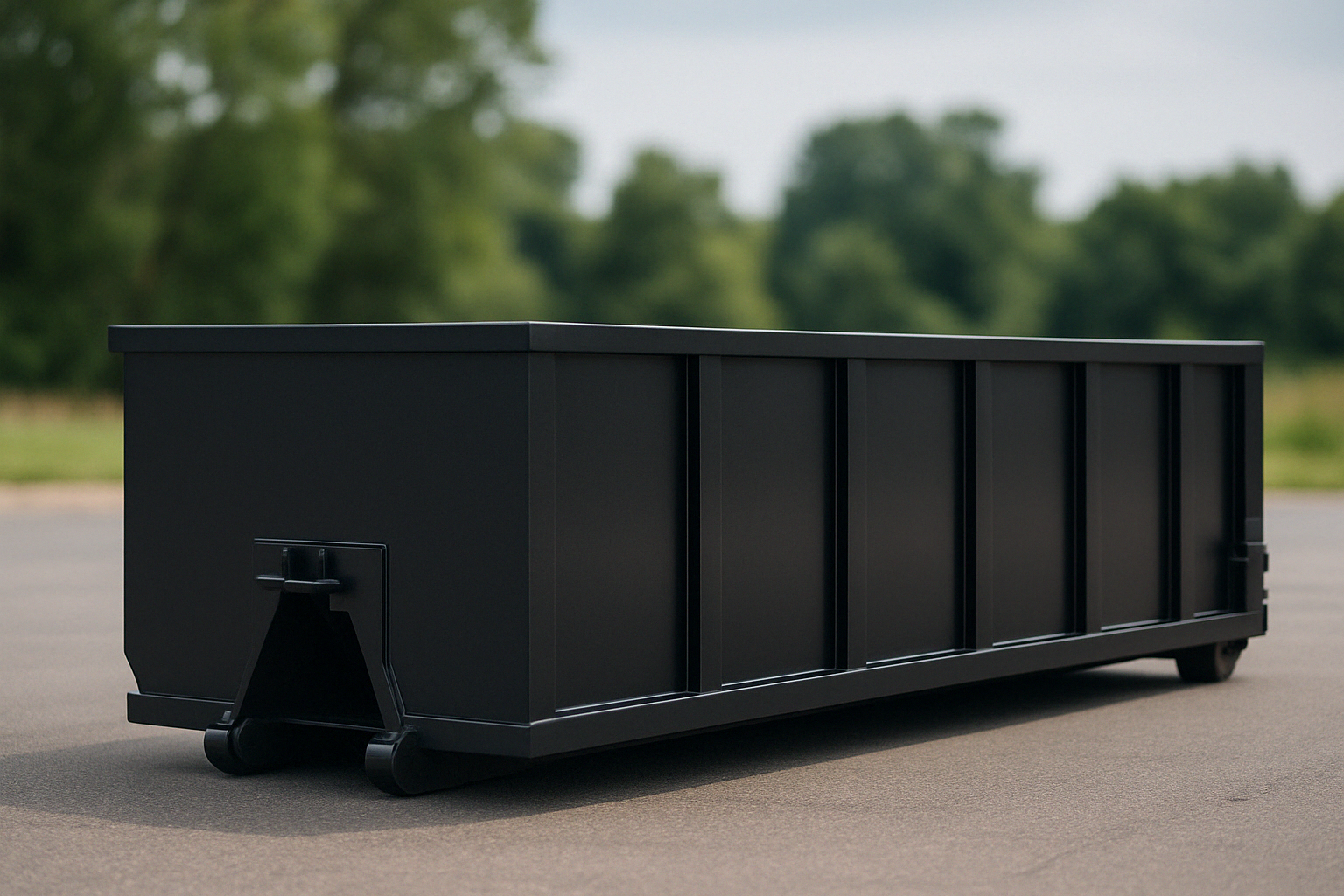 A black dumpster is sitting on the side of a road.