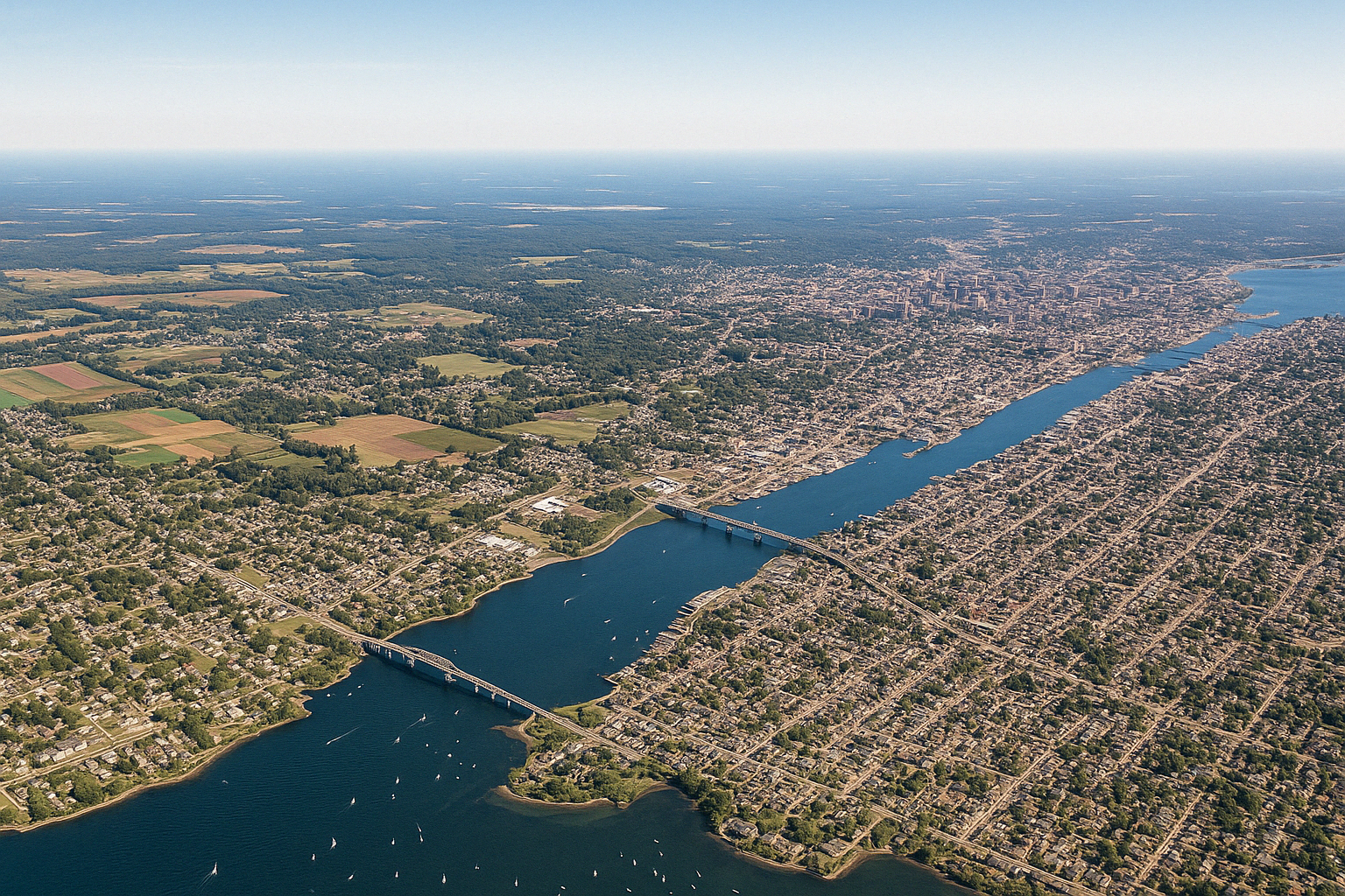 An aerial view of a city and a river