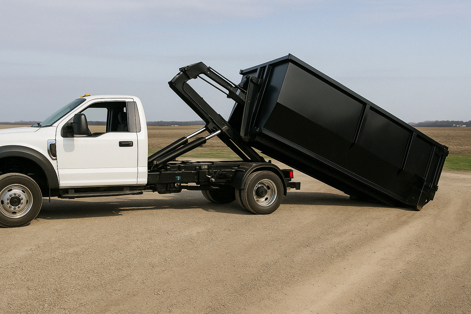 A white dump truck is pulling a black dumpster on a dirt road.