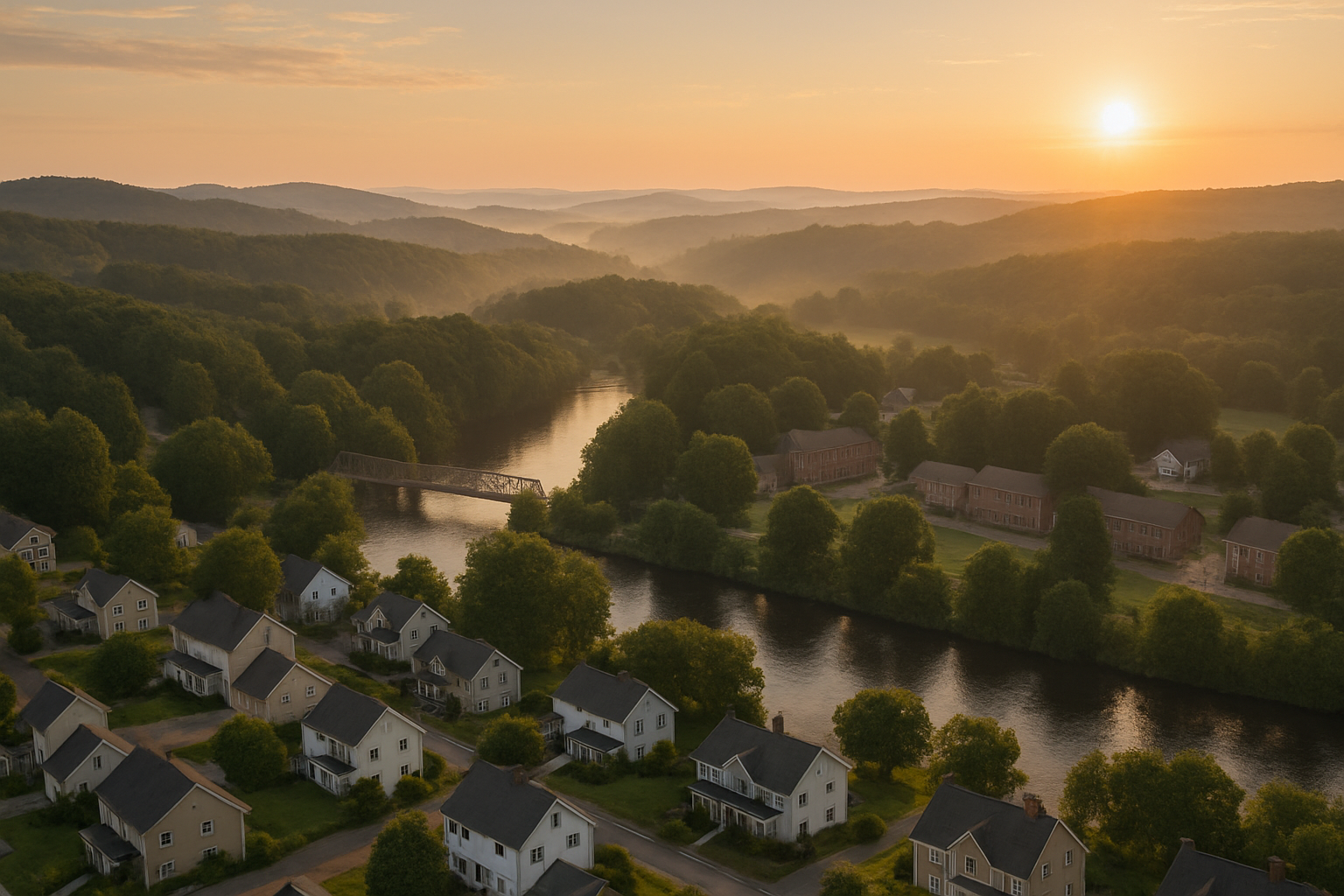 An aerial view of a river surrounded by houses and trees at sunset.