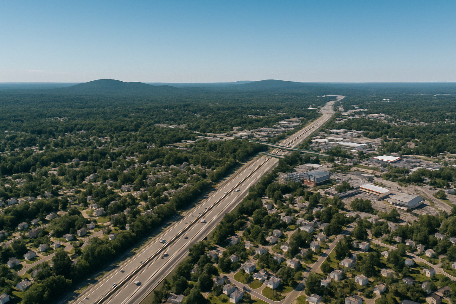 An aerial view of a highway going through a residential area.