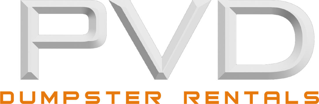 The logo for pvd dumpster rentals is white and orange.
