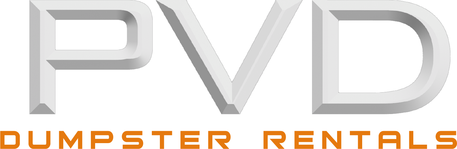 The logo for pvd dumpster rentals is white and orange.