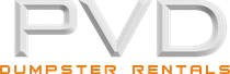 The logo for pvd dumpster rentals is white and orange.