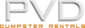The logo for pvd dumpster rentals is white and orange.