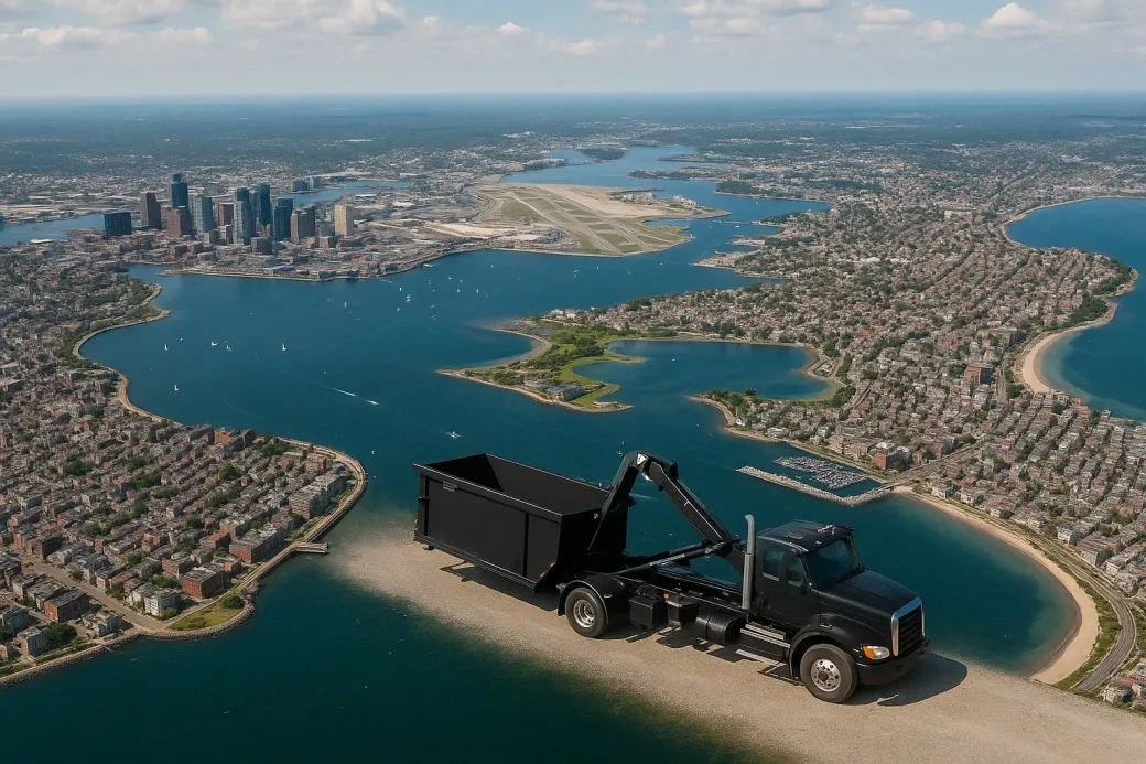 An aerial view of a dump truck driving down a road next to a body of water.