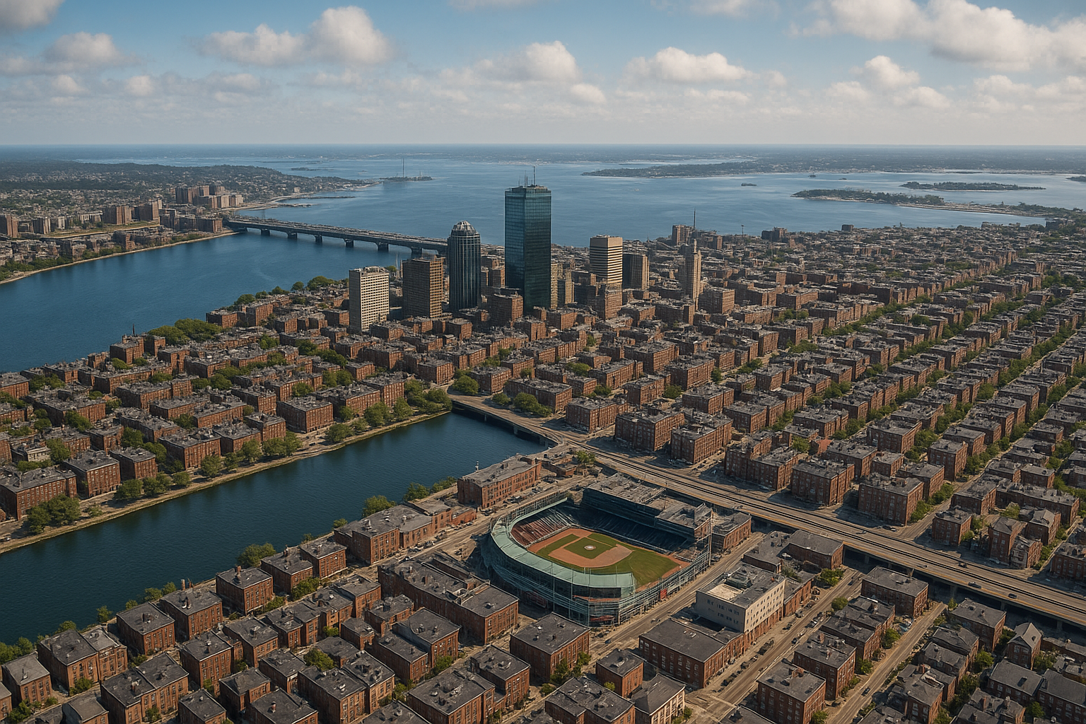 An aerial view of a city with a baseball stadium in the middle