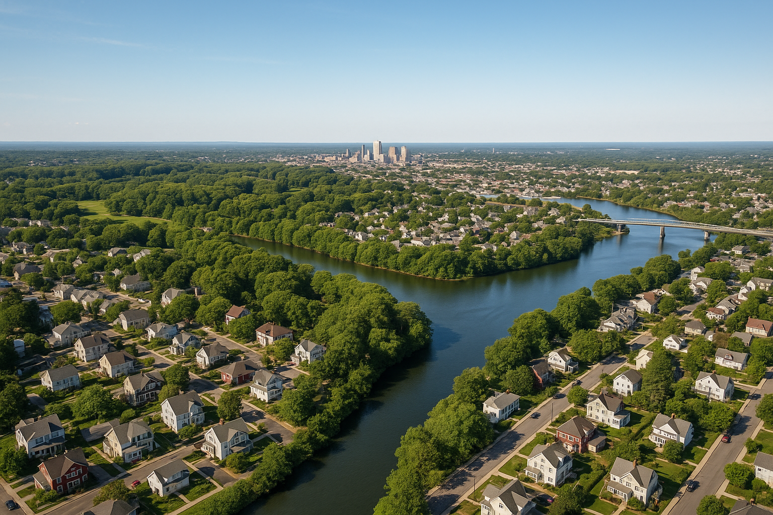An aerial view of a residential area with a river running through it and a city in the background.