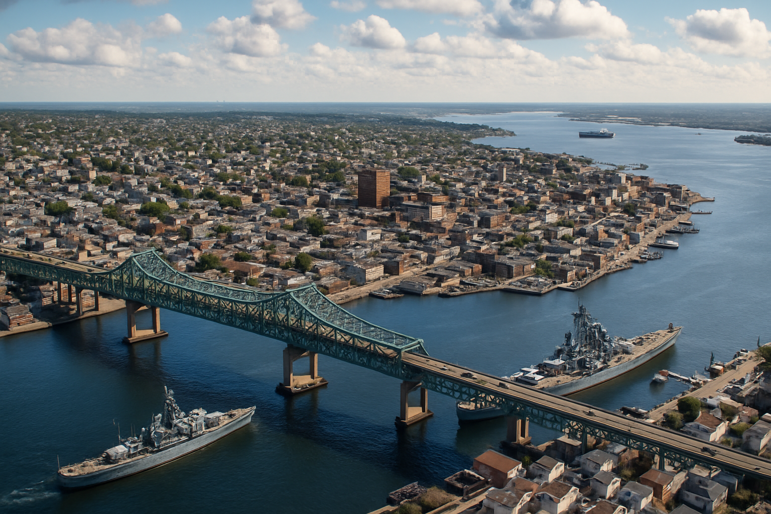 An aerial view of a bridge over a body of water with a city in the background.