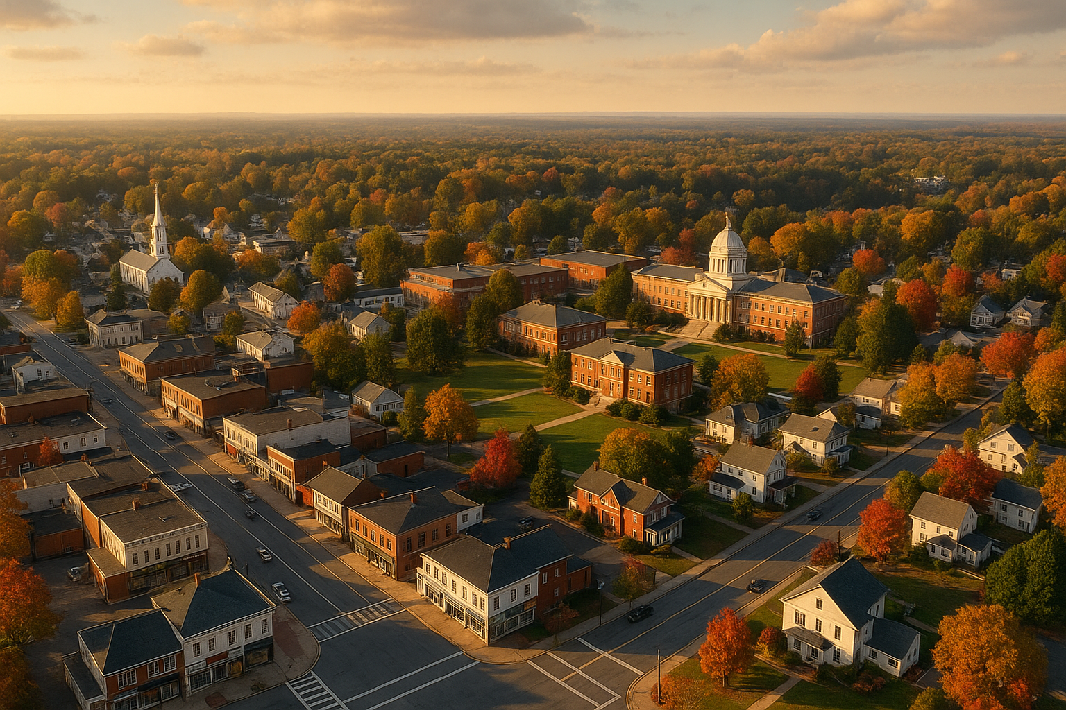 An aerial view of a small town surrounded by trees at sunset.