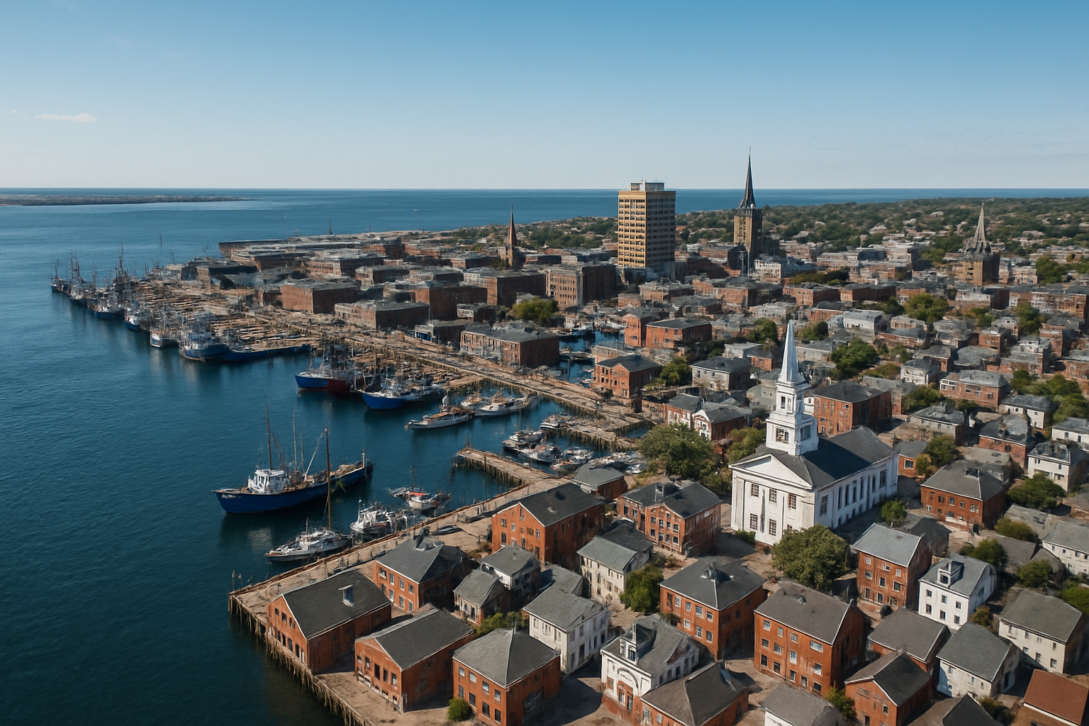 An aerial view of a city surrounded by water and buildings