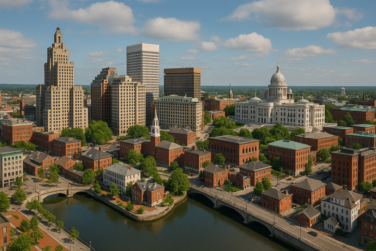 An aerial view of a city with a river and buildings