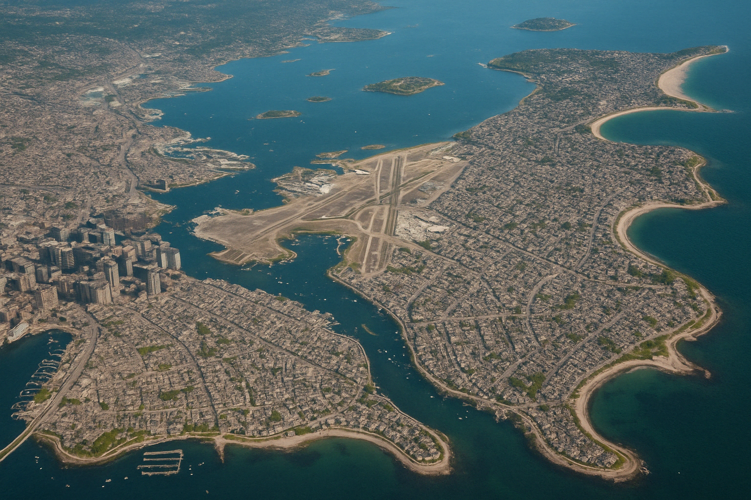An aerial view of a city surrounded by water