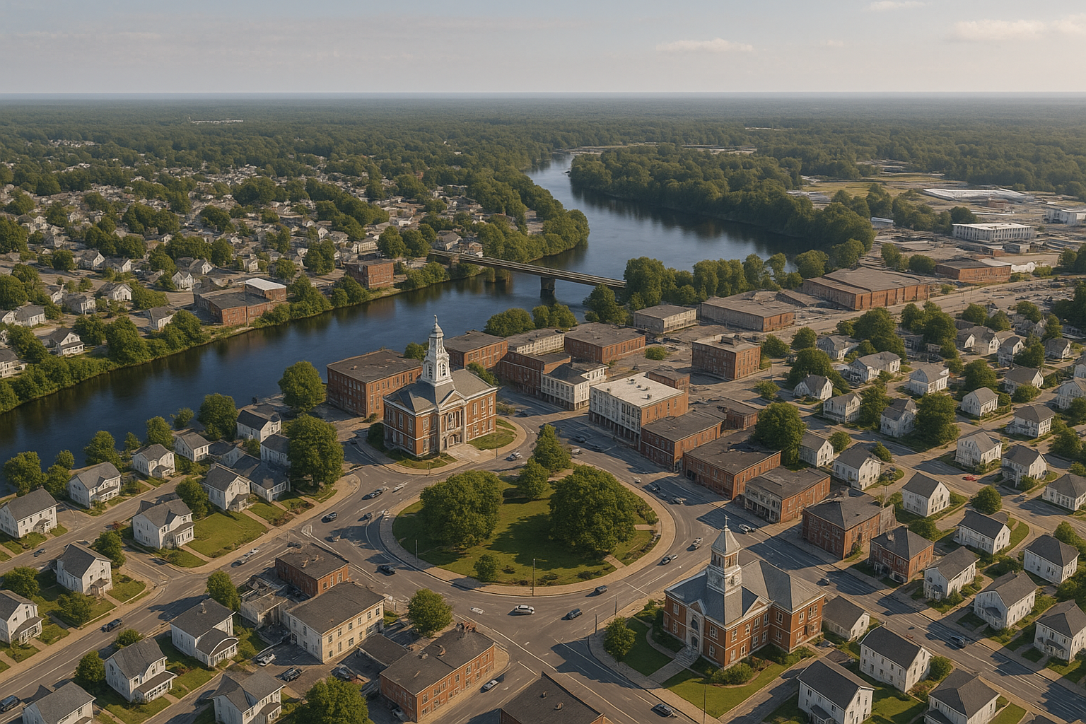 An aerial view of a small town with a river running through it.