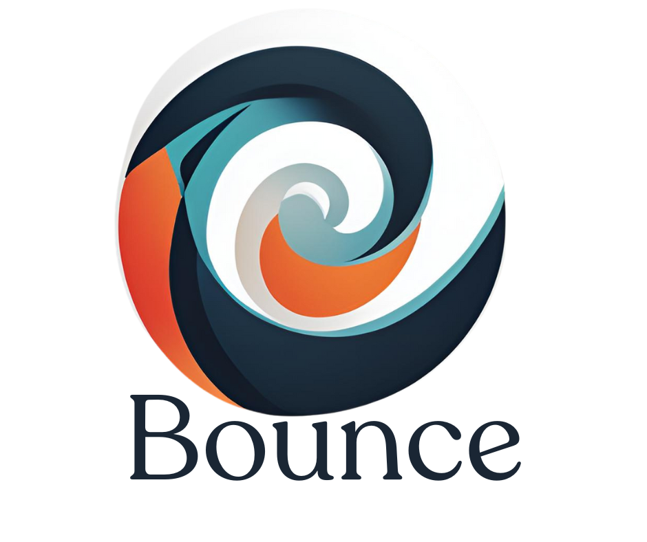 A logo for bounce with a swirl in the middle