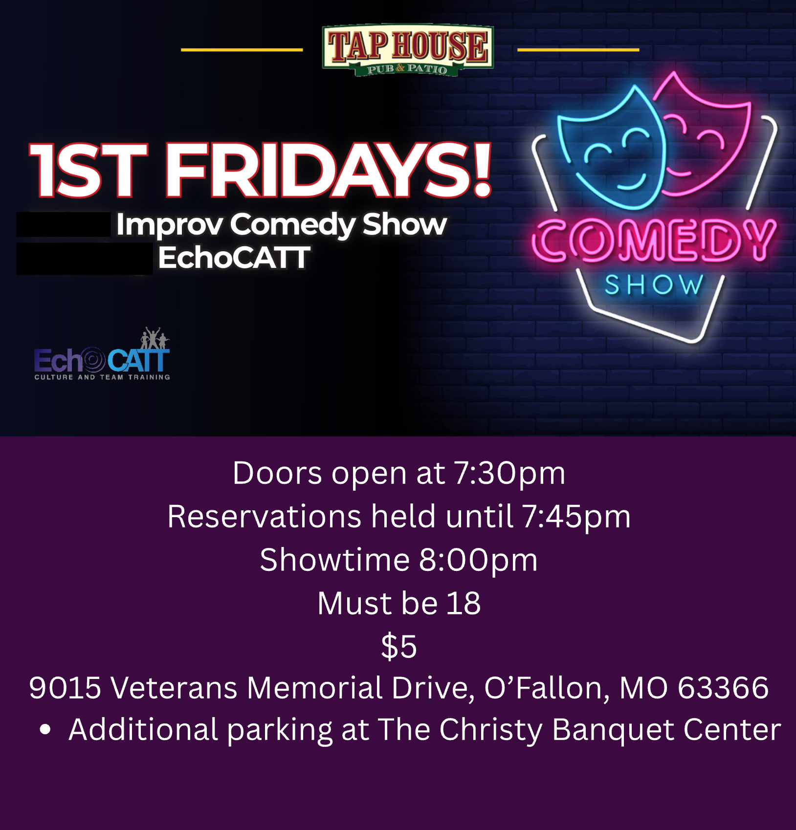 A poster for a free improv show and jam on 1st fridays