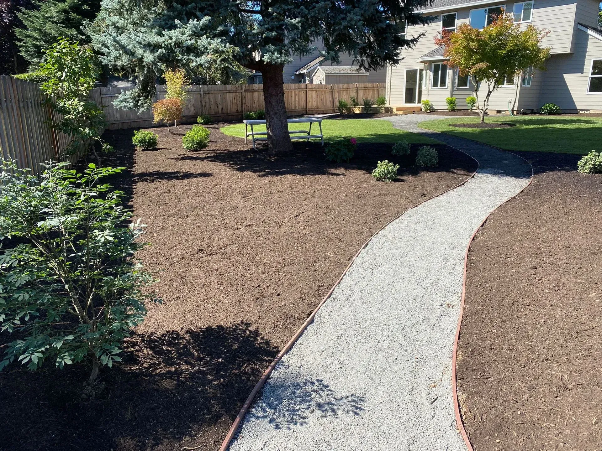 A gravel pathway curves through a landscaped yard, bordered by dark mulch and greenery; a house is in the background.