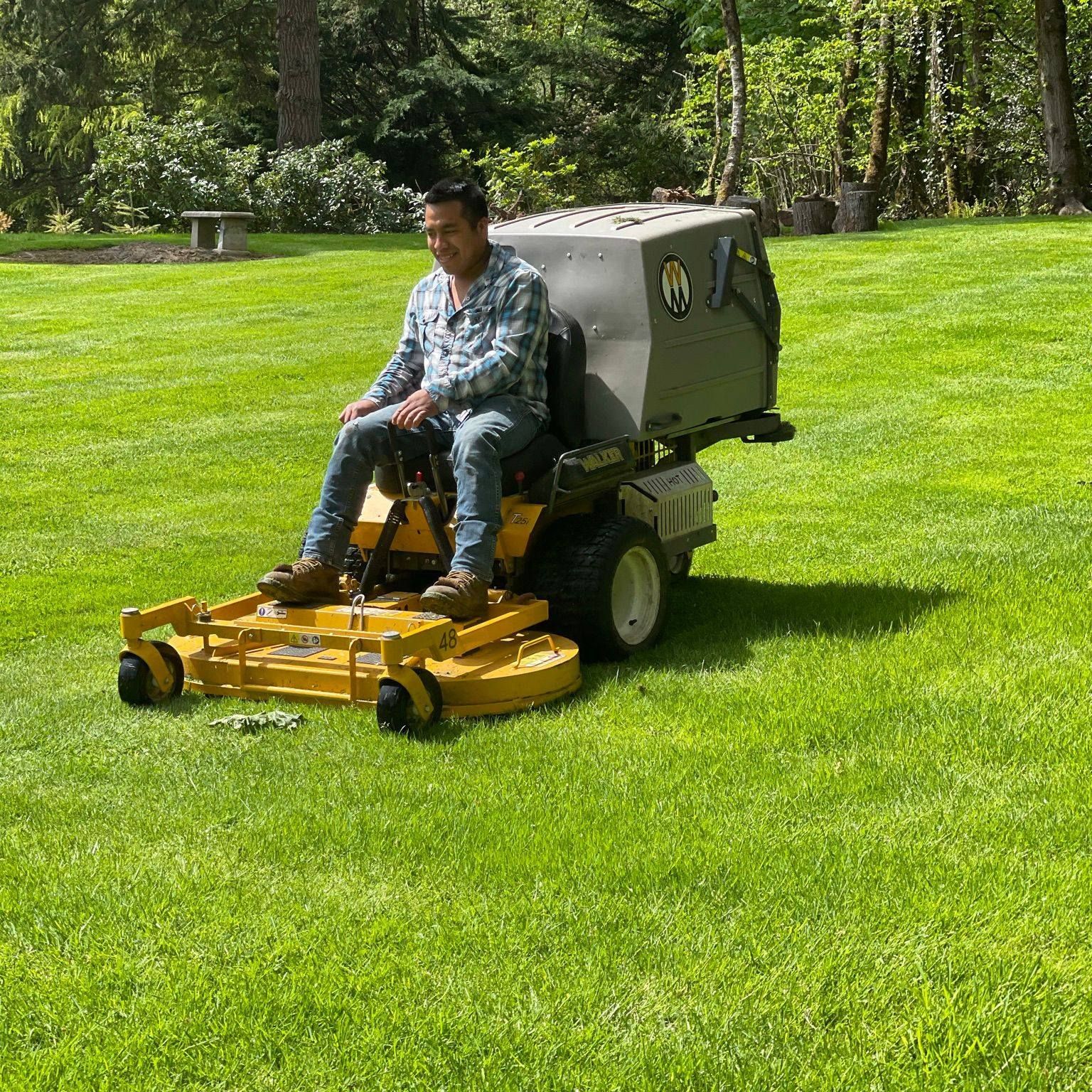 Man on a yellow riding lawn mower, mowing a green lawn in a yard.