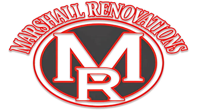 Logo for Marshall Renovations, with "MR" initials in white, red-outlined, on a black oval, surrounded by red text.
