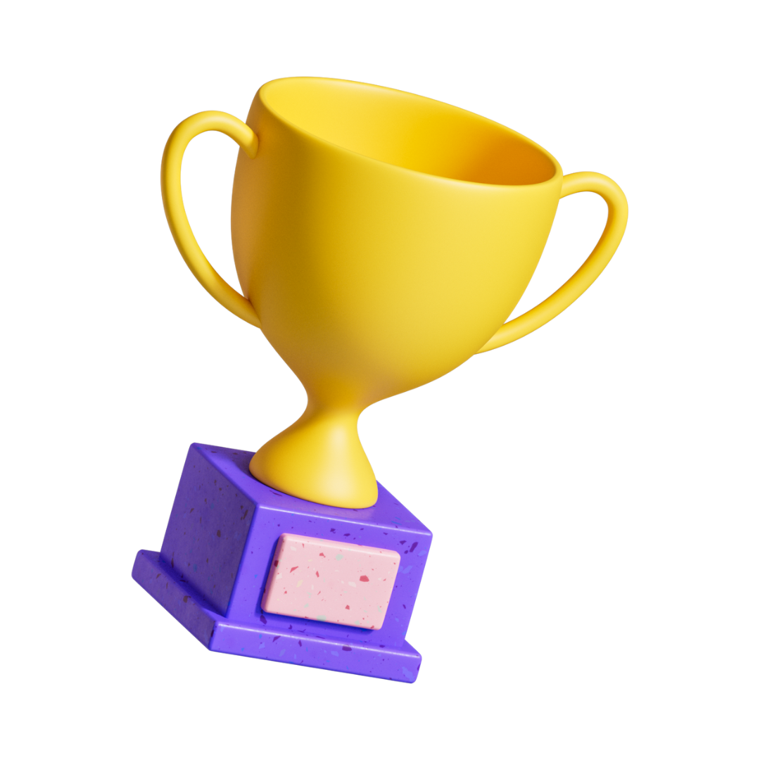 Imagem indicativa de prêmio, como uma ilustração de um troféu dourado com a base roxa