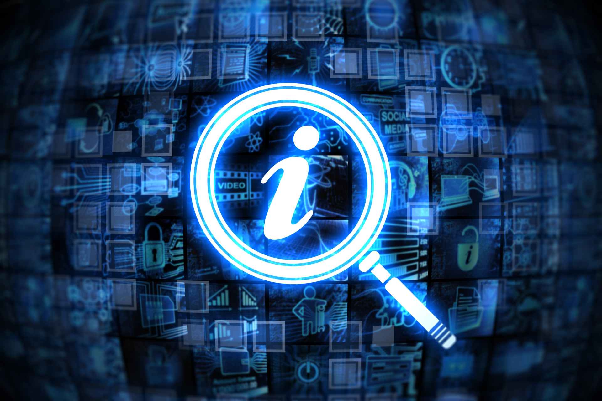 A magnifying glass with a blue glowing i inside of it