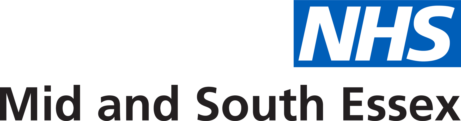 The logo for nhs mid and south essex is blue and white