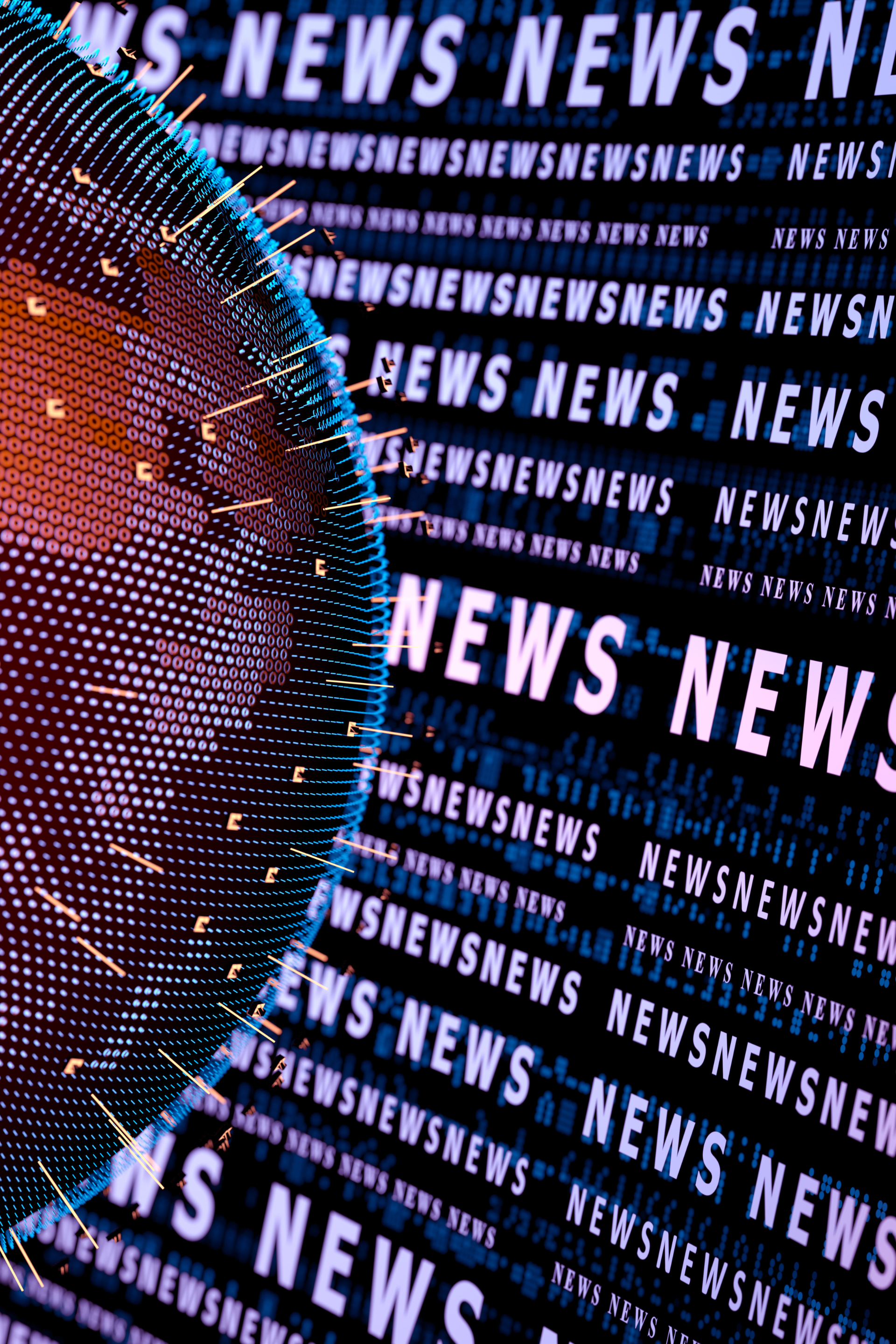 A close up of a person 's face surrounded by news headlines