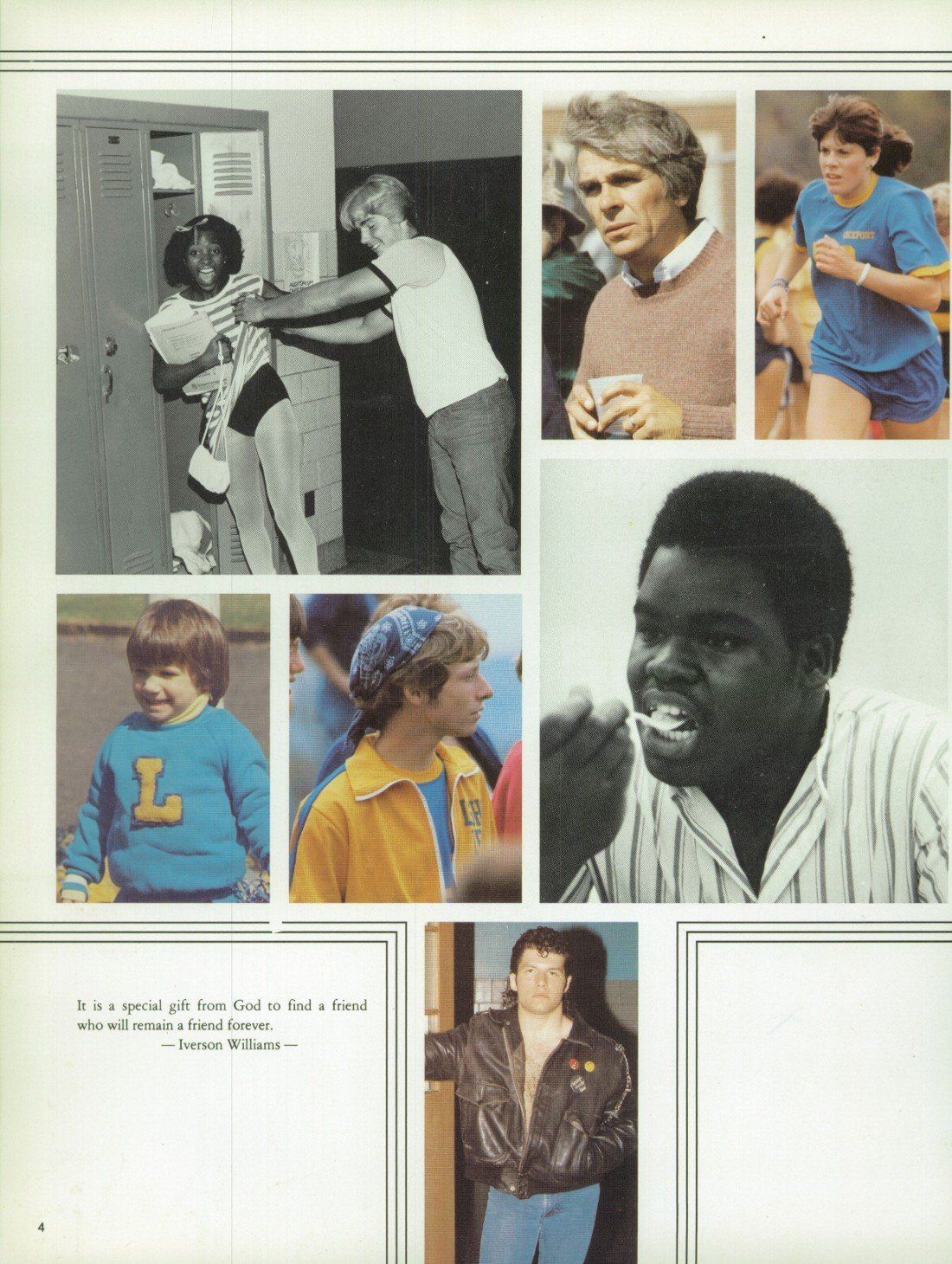 A collage of people with one wearing a blue sweater with the letter l on it
