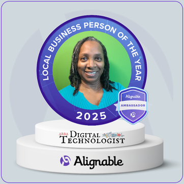 A 2025 Local Business Person of the Year award graphic featuring a person, an Alignable ambassador badge, and brand logos.