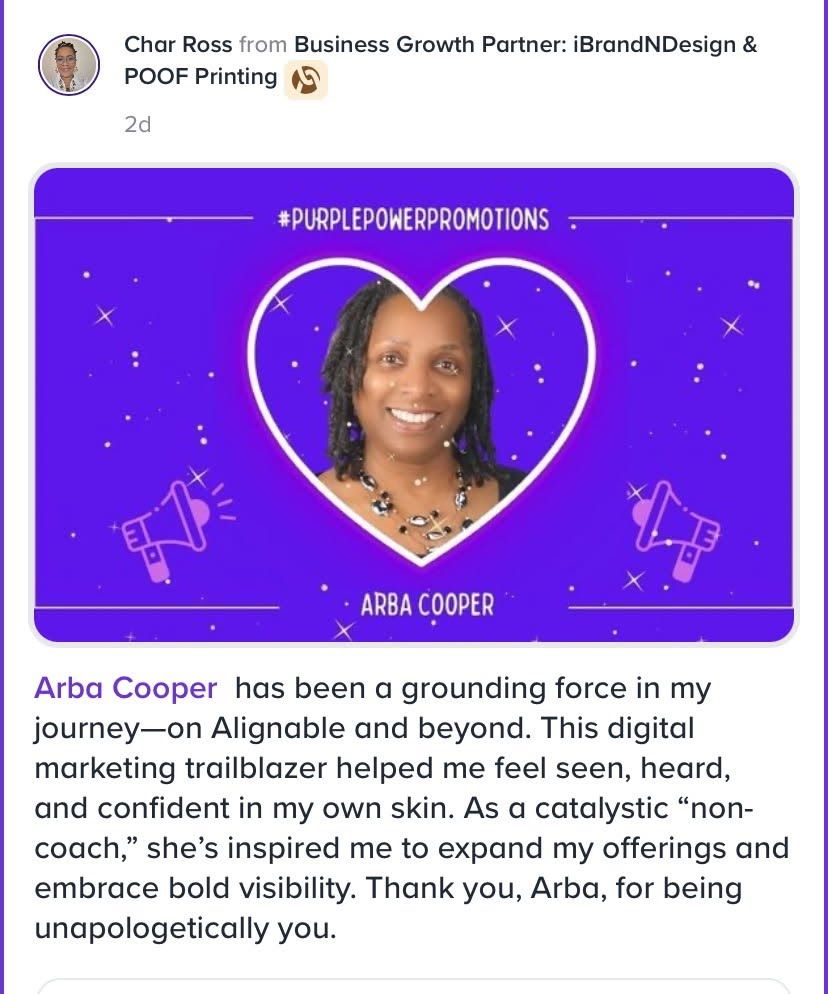 A testimonial post featuring a photo of Arba Cooper inside a white heart on a purple background with the text #PURPLEPOWERPROMOTIONS.