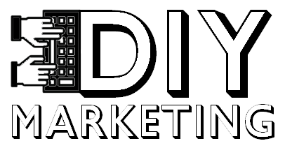 A black and white logo for diy marketing with a hand holding a calculator.