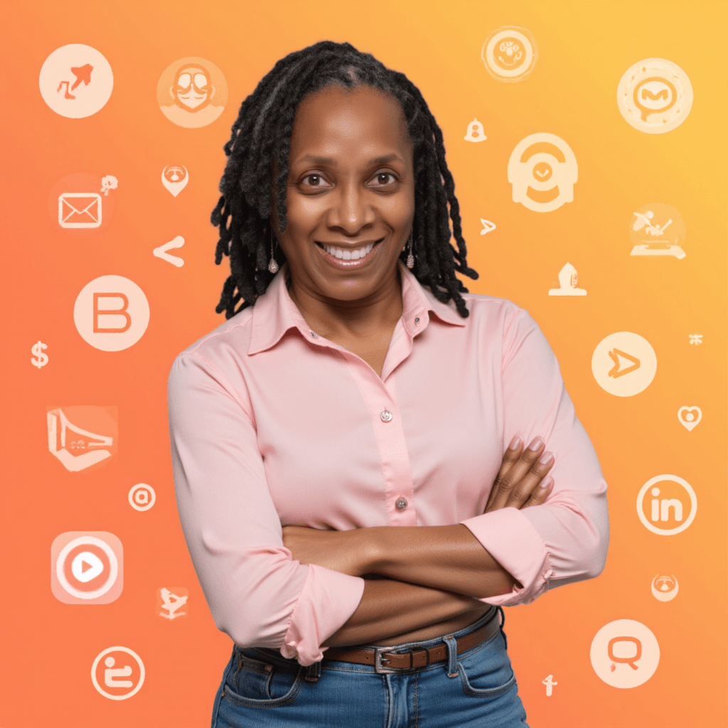 A woman singing into a microphone in front of a sign that says vision doers